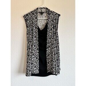 Susan Lawrence Women's Black White Floral Sleeveless Blouse Shell Cardigan XL